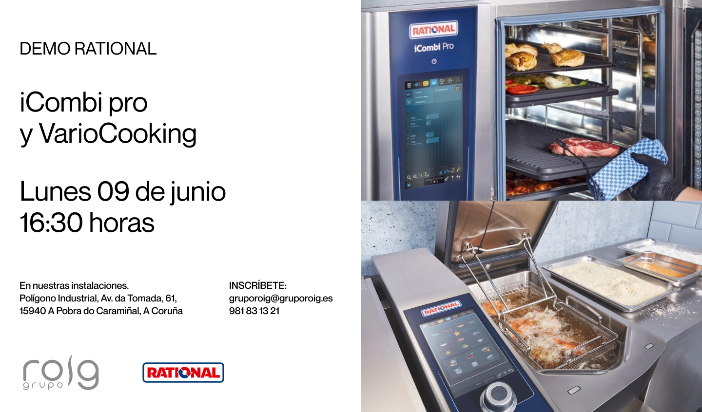 Invitación a la demo iCombi Pro y VarioCooking Rational en Grupo Roig, mostrando la tecnología de cocción avanzada para cocinas profesionales.