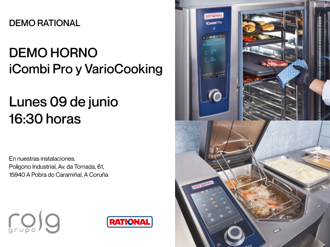 Invitación a la demo iCombi Pro y VarioCooking Rational en Grupo Roig, mostrando la tecnología de cocción avanzada para cocinas profesionales.