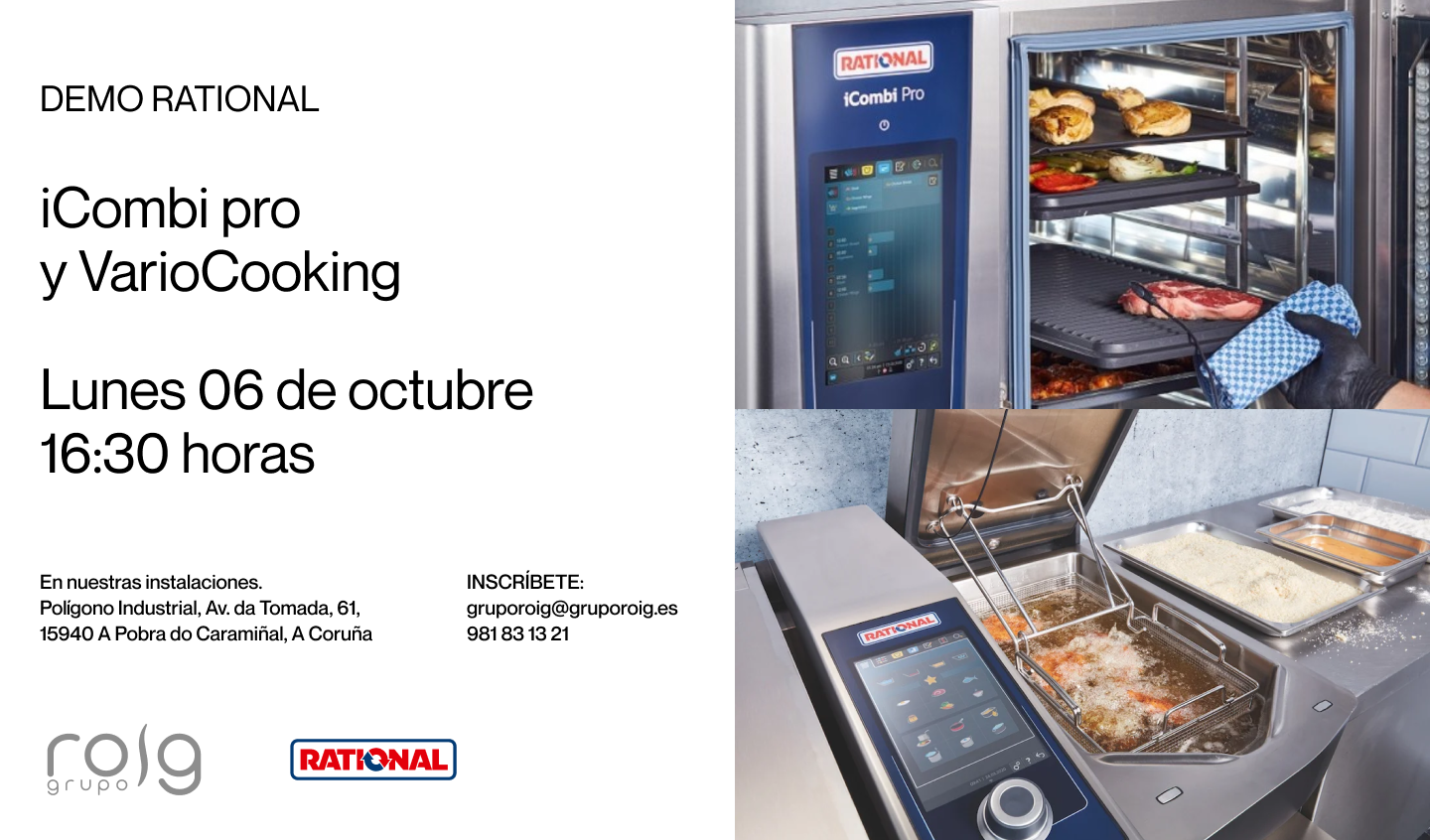 Invitación a la demo iCombi Pro y VarioCooking Rational en Grupo Roig, mostrando la tecnología de cocción avanzada para cocinas profesionales.