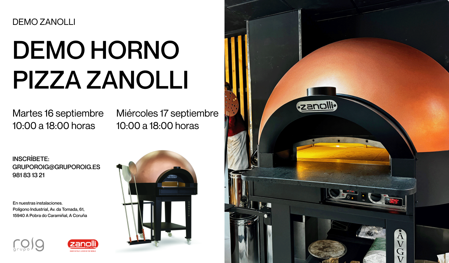 Formación horno pizza Zanolli en A Pobra do Caramiñal con el chef Marco Viesi, demostrando técnicas de pizza napolitana y romana